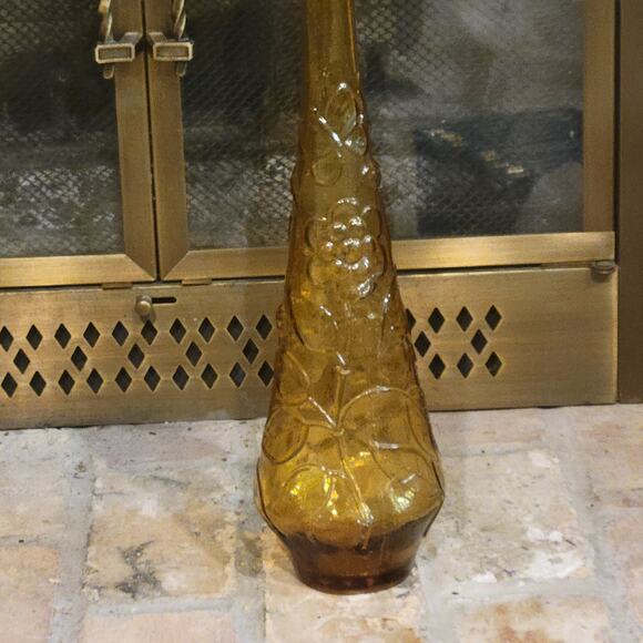 Vintage Amber Genie Bottle, Tall Decanter, Floral & Leaf Imprints - Picture 3 of 9